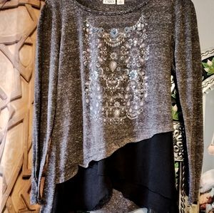 Cato Dark Gray Owl gem embellished hi-lo tunic